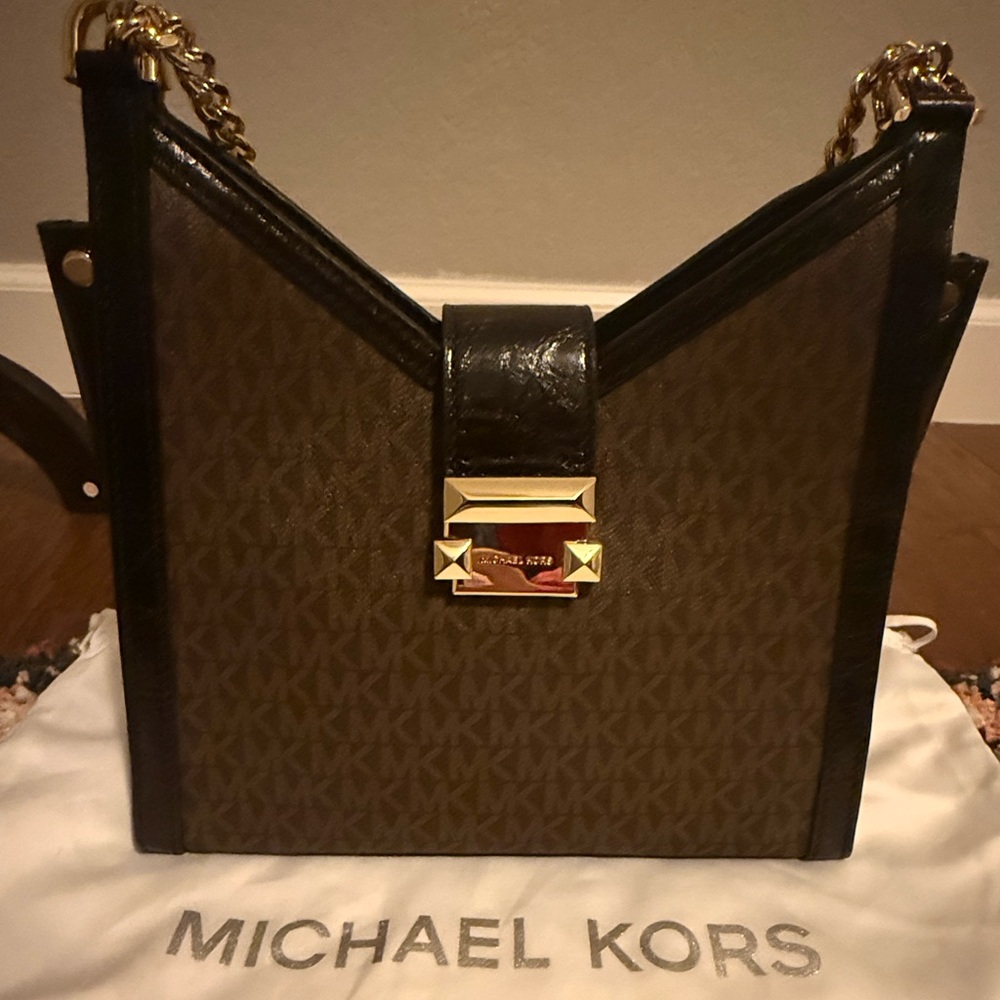 Michael Kors Brown and Black MK Logo Whitney Shoulder Bag with Gold Hardware